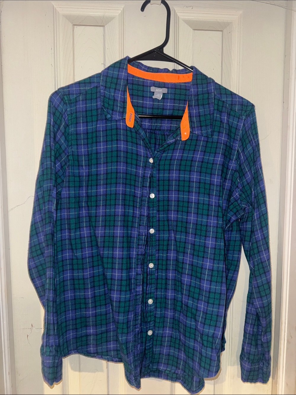 Aerie Women’s Green & Blue Plaid Button-Up Shirt with Orange Trim